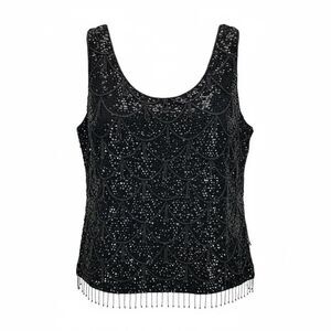Vintage Black Beaded Sequin Crop Top Wool Holiday Flapper Gatsby Art Deco L